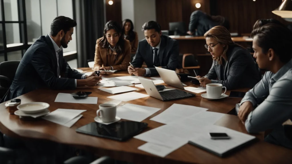 a team of professionals brainstorming around a conference table with digital devices and notes.