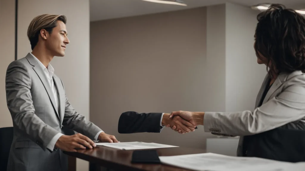 a person in a suit shakes hands with a client in an office, symbolizing the agreement between a personal injury lawyer and their client in nevada.