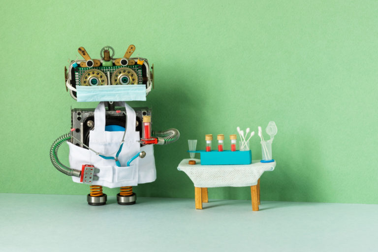 Medic robot holds a test tube with a blood. Toy laboratory diagnostic abstract interior.
