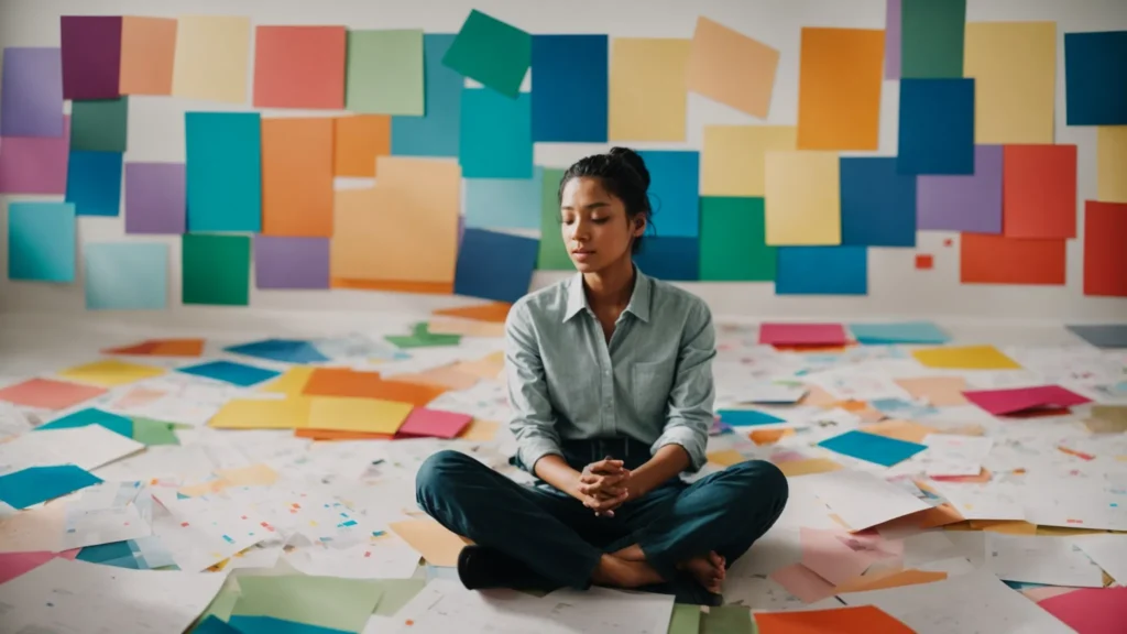 a person sitting cross-legged on the floor, surrounded by scattered notes and charts, deeply focused on a large, colorful human design chart spread out in front of them.
