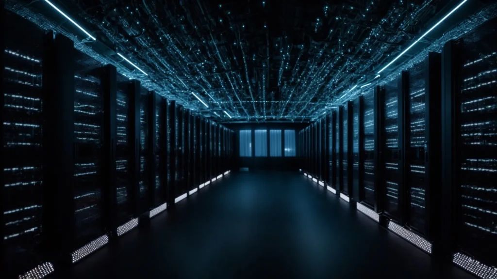 a network of interconnected servers illuminating in a dark data center, symbolizing the foundation of object storage technology.