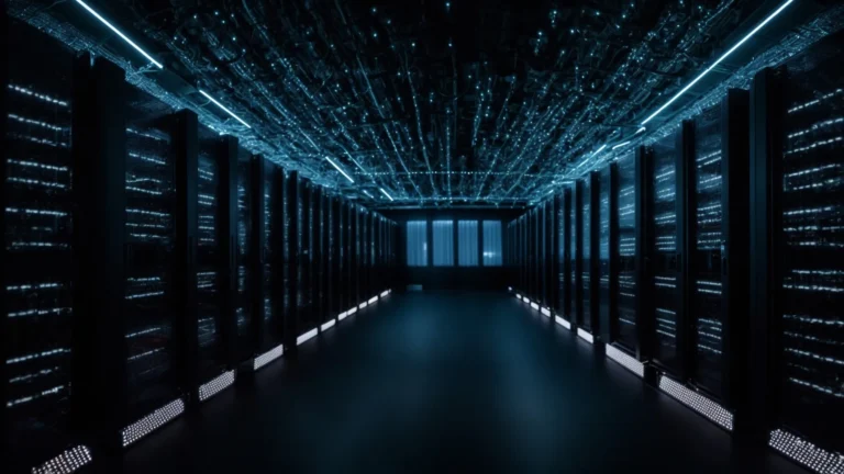 a network of interconnected servers illuminating in a dark data center, symbolizing the foundation of object storage technology.