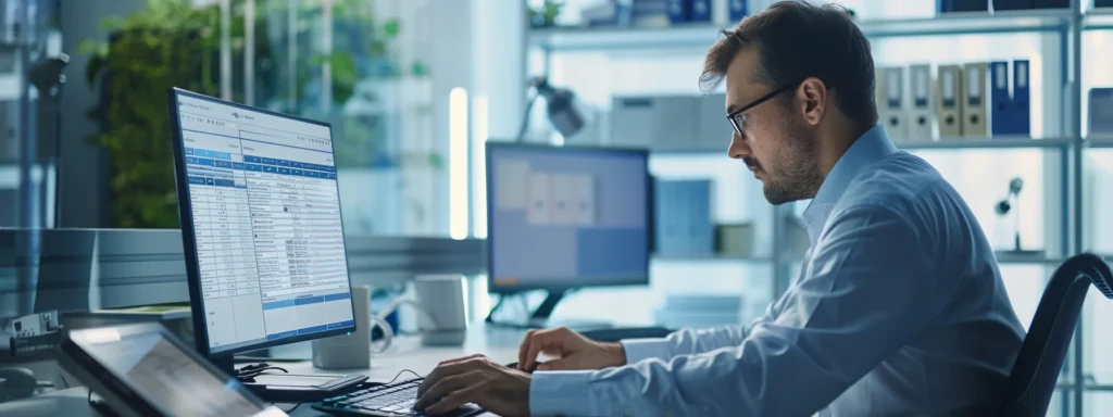 a professional business analyst typing on a computer with multiple search criteria options for pubchem connector displayed on the screen.