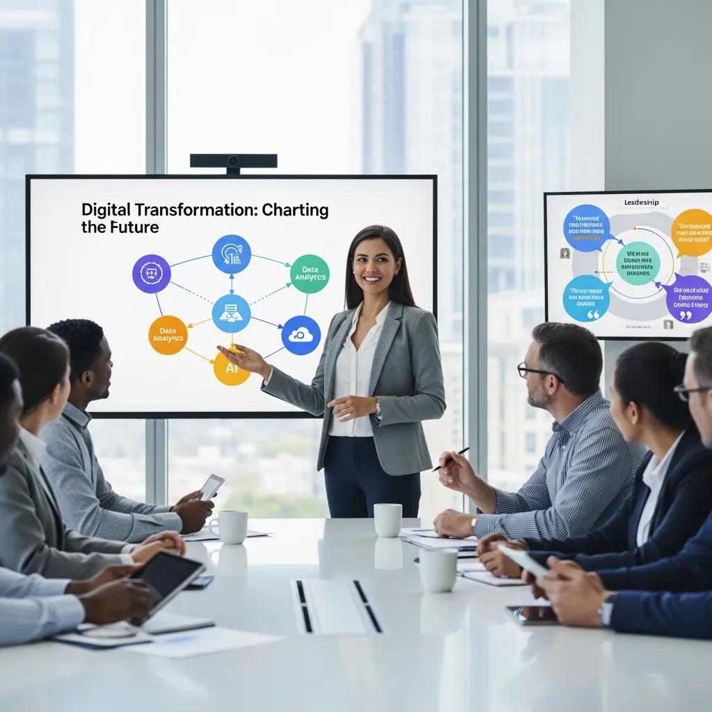 Leader presenting digital transformation strategies to a team in a conference room