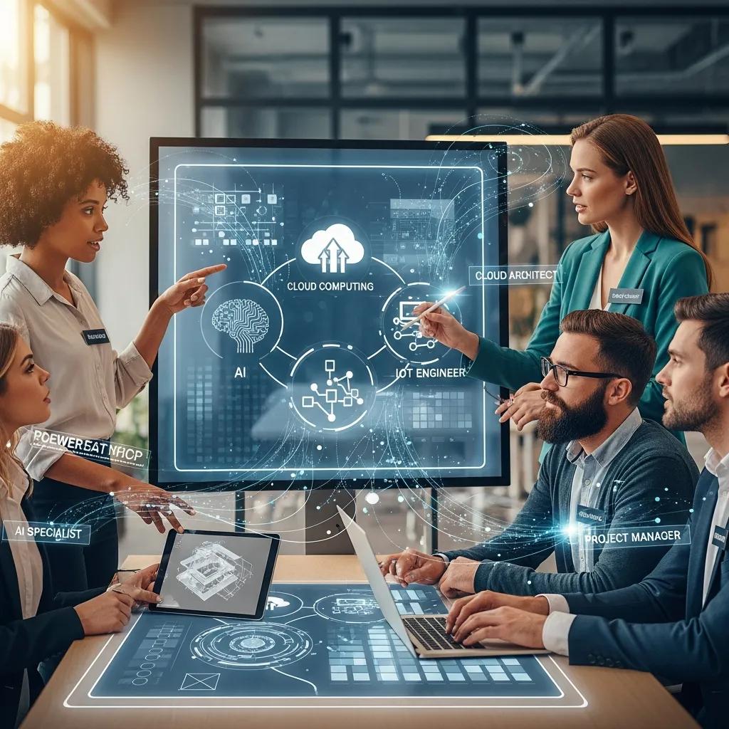 Professionals collaborating on digital transformation strategies with technology elements